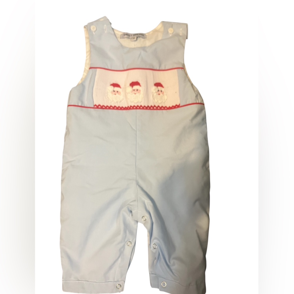 Sweet Dreams Sky Blue romper with smocked Santa’s